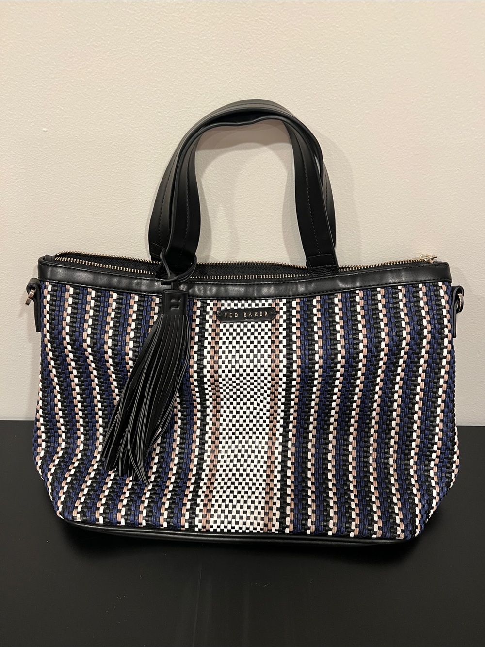 Ted Baker Black, Navy & White Woven Tote with Tassel